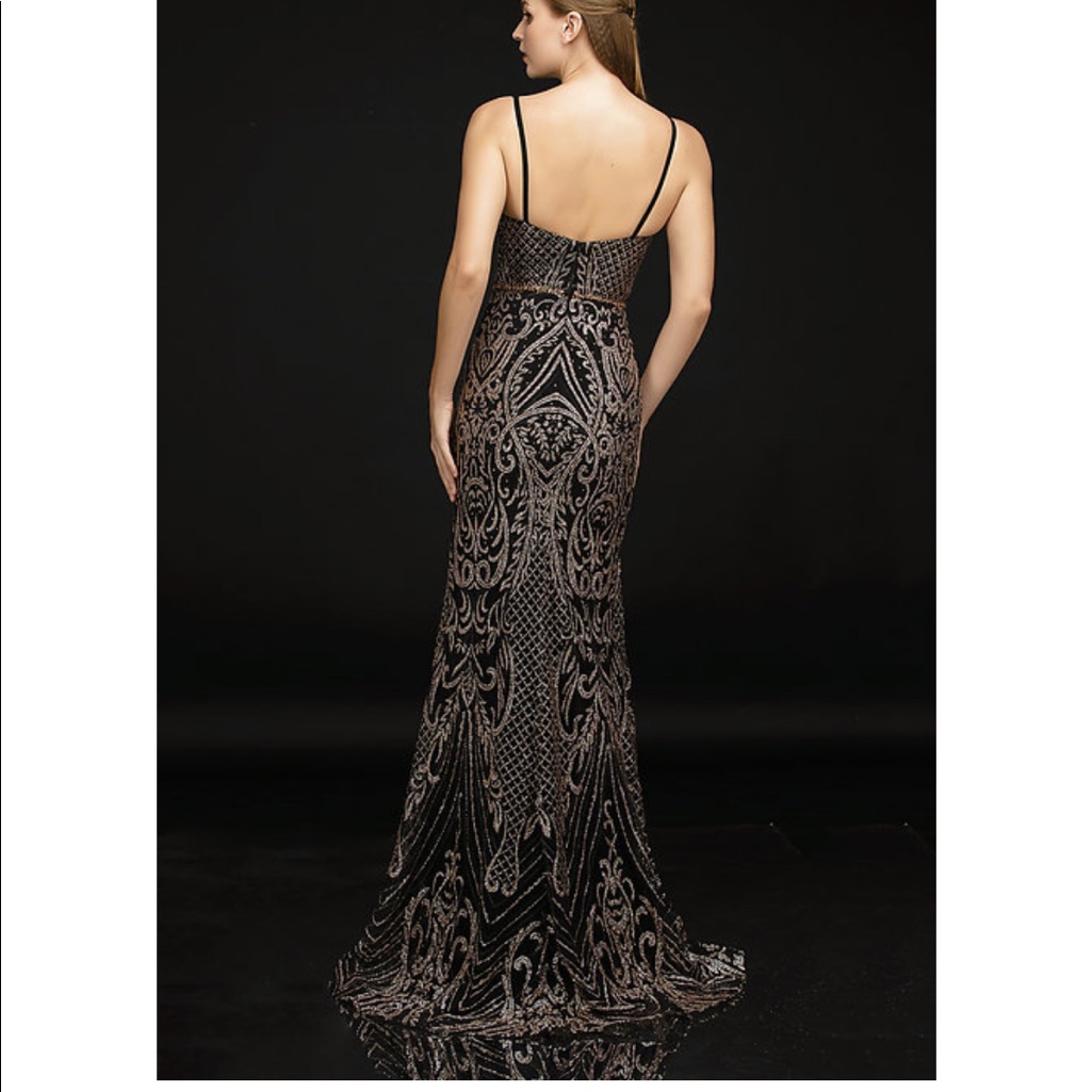 Nina Cannaci, Black/Rose Gold Long A-Line Dress, Size 0